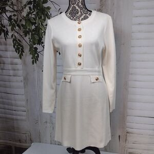 Cream Long-Sleeve Knit Dress with Gold Buttons Size M